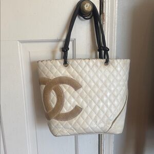 Authenticated CHANEL White Cambon Tote EXOTIC leather bag quilted purse